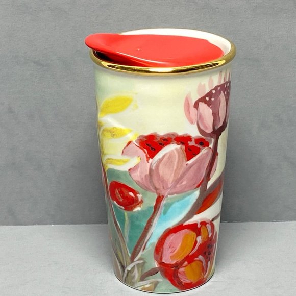 Starbucks 2014 Watercolor Floral 10 oz Ceramic Traveler Tumbler Mug Red Lid - Picture 4 of 12